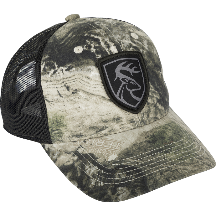 Mesh-Back Patch Logo Cap - Mossy Oak Terra Coyote: A cotton twill cap with a logo on the front and breathable mesh on the back. Features a snap closure for adjustable fit.