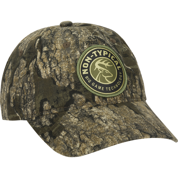 Big Game Technology Patch Camo Twill Cap: A camouflage hat with a logo patch, featuring 60% cotton/40% polyester construction and a snap closure.