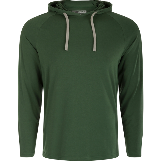 A lightweight, buttery soft bamboo blend hoodie with a drawstring hood. Long sleeve, moisture-wicking, and quick-drying for active wear.