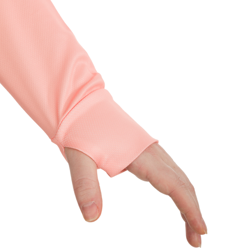 A close-up of a woman's hand wearing a pink sleeve, showcasing the Women's Performance Mesh Crew with built-in stretch, UPF 50 sun protection, and moisture-wicking fabric for outdoor enthusiasts.