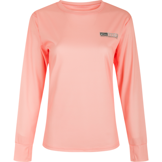 Women's Performance Mesh Crew: A versatile long-sleeved shirt with built-in stretch, UPF 50 sun protection, and moisture-wicking fabric for outdoor lovers. Lightweight and quick-drying with thumbholes and a square hem.