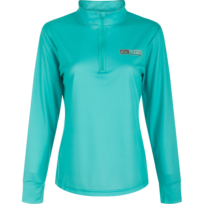 A versatile Women's Performance Mesh 1/4 Zip top with built-in stretch, UPF 50 sun protection, and moisture-wicking fabric. Features thumbholes for sleeve protection and a 1/4 zip neck. Ideal for boating or the gym.