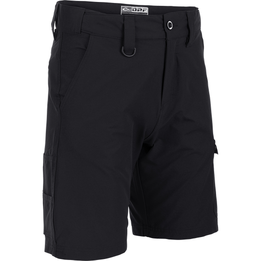 Performance Hybrid Fishing Short 9": A versatile black short with a functional fly, multiple pockets, and adjustable waistband for a better fit. Made with durable, quick-drying nylon-spandex fabric.