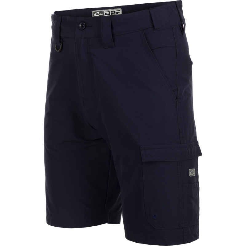 A pair of Performance Hybrid Fishing Shorts with built-in stretch, moisture-wicking fabric, and quick-drying technology. Features include front slash mesh pockets, back zippered pockets, reinforced plier's pocket, and adjustable waistband. 9-inch inseam. From Drake Waterfowl.