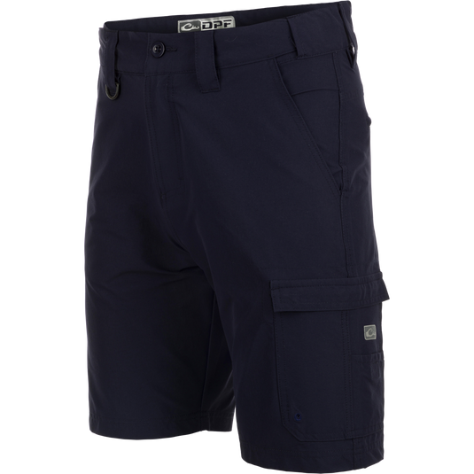 A pair of Performance Hybrid Fishing Shorts with built-in stretch, moisture-wicking fabric, and quick-drying technology. Features include front slash mesh pockets, back zippered pockets, reinforced plier's pocket, and adjustable waistband. 9-inch inseam. From Drake Waterfowl.