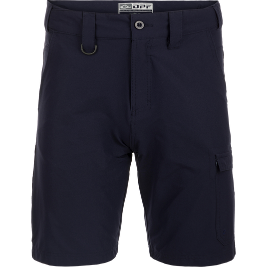 Performance Hybrid Fishing Short 9" - A versatile dark blue short with functional fly, multiple pockets, and hidden elastic tabs for better fit and range of motion. Quick-drying, water-resistant, and made with durable nylon and spandex.