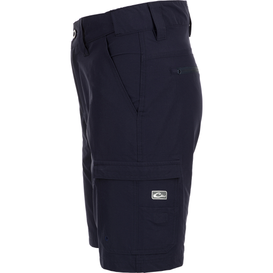 Performance Hybrid Fishing Short 9": Close-up of versatile shorts with functional fly, belt loops, and multiple pockets. Nylon Taslon/Spandex fabric for rugged comfort. Quick-drying with water-resistant finish. Nine-inch inseam.