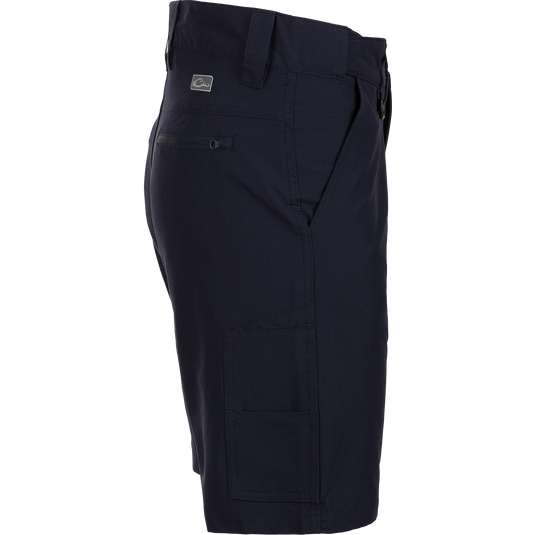 Performance Hybrid Fishing Short 9" - A close-up of black shorts with a pocket. Versatile, quick-drying, and water-resistant. Multiple pockets for storage.