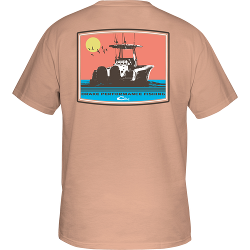 Offshore Sunset T-Shirt with boat graphic on back and DPF Flag logo on front. Lightweight, soft, and comfortable 60% cotton/40% polyester blend. No front pocket.