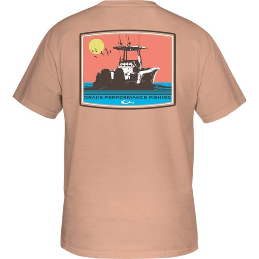 Offshore Sunset T-Shirt with boat graphic on back and DPF Flag logo on front. Lightweight, soft, and comfortable 60% cotton/40% polyester blend. No front pocket.