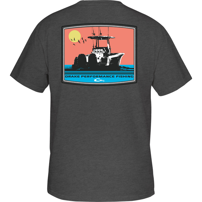 Offshore Sunset T-Shirt: Back of a grey t-shirt with a boat on it, depicting a scenic offshore fishing graphic.