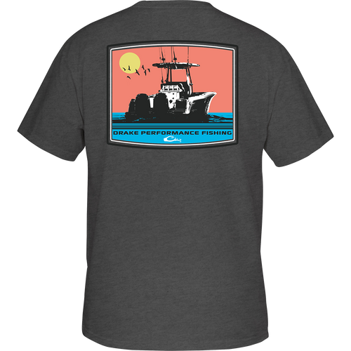 Offshore Sunset T-Shirt: Back of a grey t-shirt with a boat on it, depicting a scenic offshore fishing graphic.
