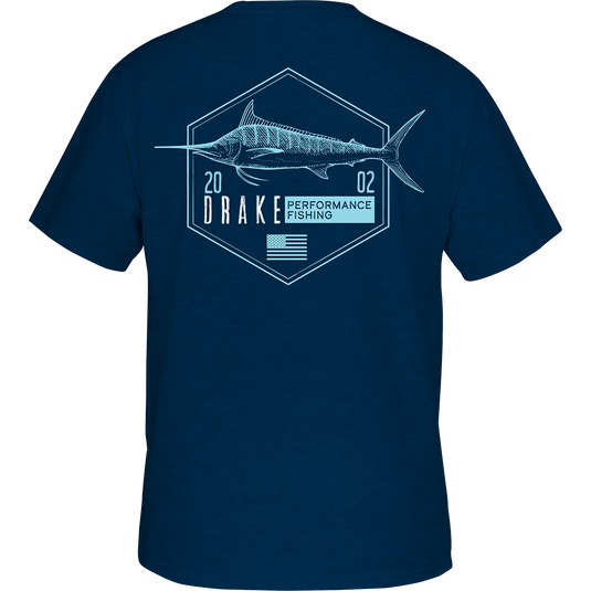 Marlin Hexagon T-Shirt: Back view of a blue shirt with a fish graphic. DPF Flag logo on the front. Lightweight and comfortable. No front pocket. 60% cotton/40% polyester blend.