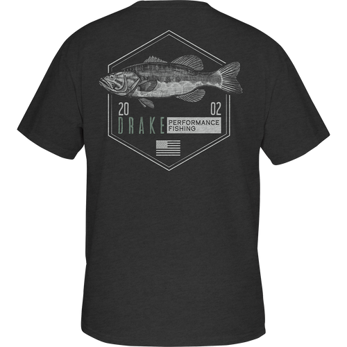 Bass Hexagon T-Shirt: Back view of a black t-shirt with a fish graphic from the Hexagon Badge Series. DPF Flag logo on the front. Lightweight and comfortable. 60% cotton, 40% polyester blend. No front pocket.