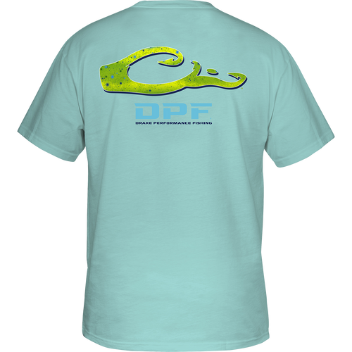 Mahi Scales T-Shirt: Back view of a non-pocketed t-shirt with a colorful Mahi graphic from the Fish Scales Logo Series. DPF Flag logo on the front. Lightweight and comfortable blend of cotton and polyester.
