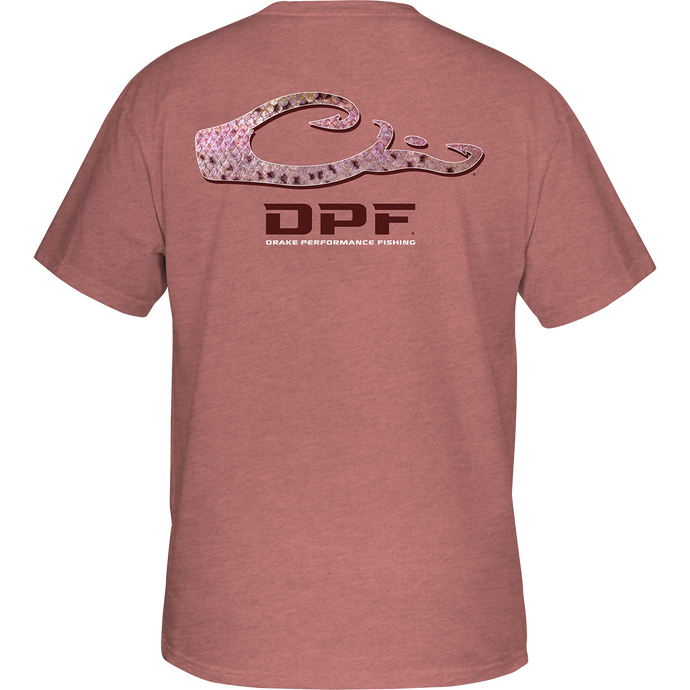 Trout Scales T-Shirt with back graphic depicting a pink shirt and a close-up of snake skin, featuring a logo with the letter 