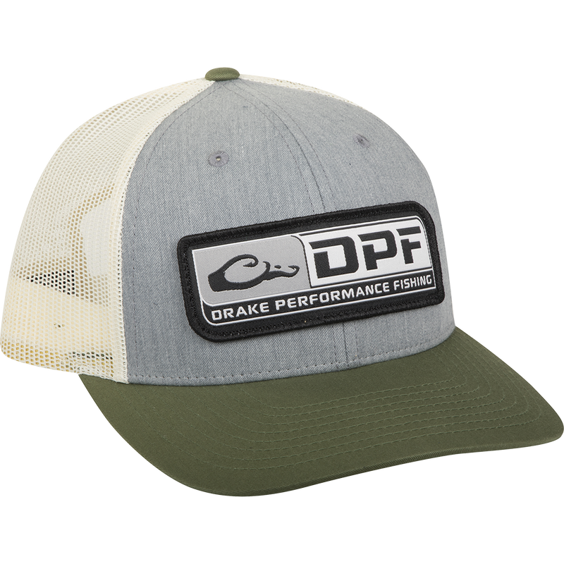 A DPF Mesh Back Cap with a logo, featuring a close-up of a patch and a logo.