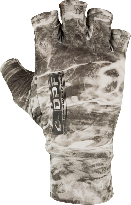 A fingerless fishing glove with a logo and design, providing full dexterity and sun protection. Silicone palm grip dots ensure a secure hold on your rod and reel.