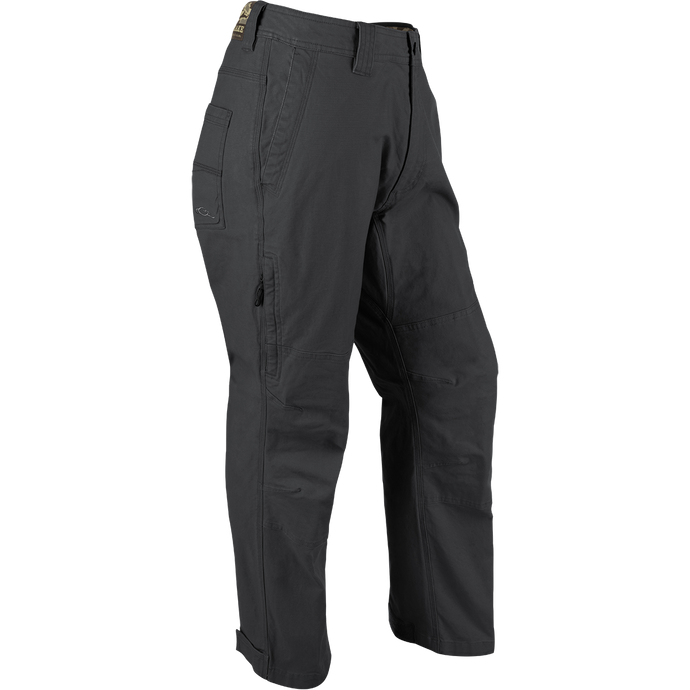 Grey Canvas Waterfowler's Pant: Lightweight cotton canvas pant for under-wader or casual wear. Garment-washed for softness. Features include ankle cuffs, rear pockets, side storage pocket, and zippered fly.