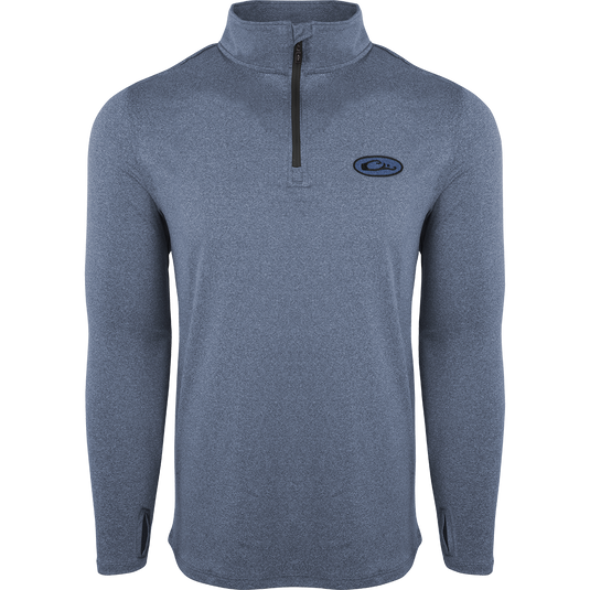 A grey long sleeved shirt with a logo, zipper, and close-up details. Made of moisture-wicking, quick-drying fabric with UPF sun protection and odor resistance. From Drake Waterfowl's Microlite Performance 1/4 Zip Heather collection.