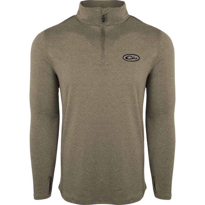 Microlite Performance ¼ Zip Heather shirt with logo, zipper close-up, and jacket detail. Moisture-wicking, quick-drying fabric with UPF sun protection and odor resistance. Raglan sleeves and thumb loop. Lightweight and comfortable.