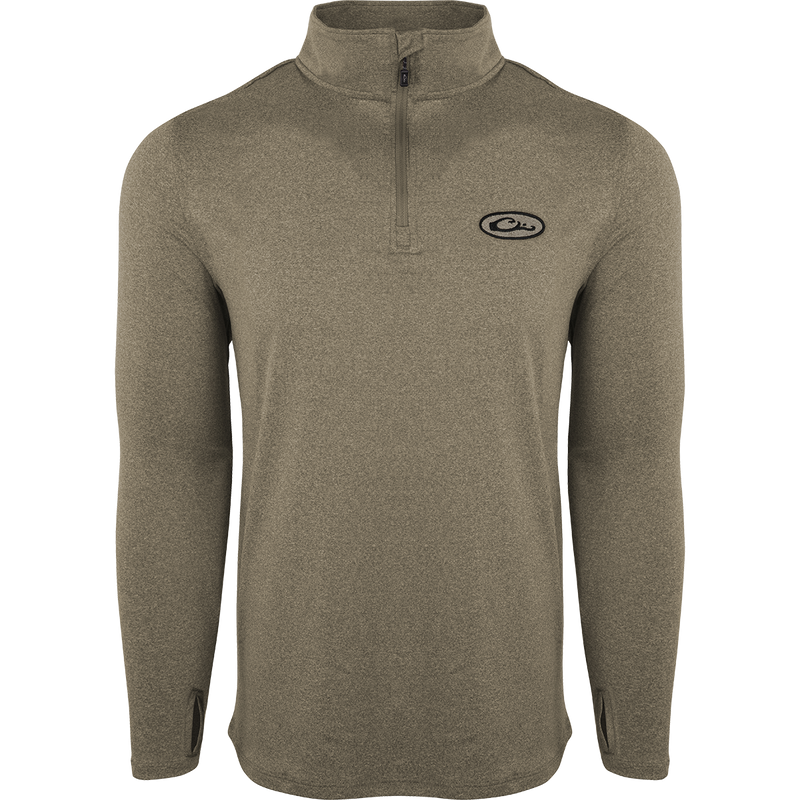 Microlite Performance ¼ Zip Heather shirt with logo, zipper close-up, and jacket detail. Moisture-wicking, quick-drying fabric with UPF sun protection and odor resistance. Raglan sleeves and thumb loop. Lightweight and comfortable.