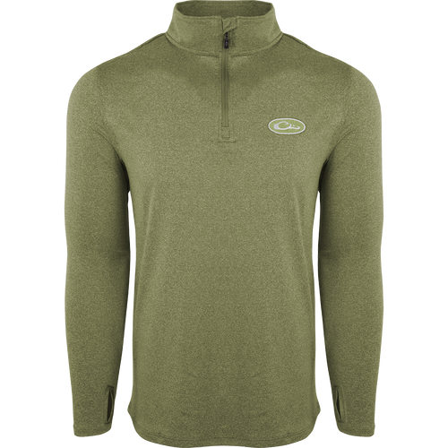 A close-up of the Drake Microlite Performance ¼ Zip Heather shirt with a logo on it, featuring a zipper and raglan sleeves.