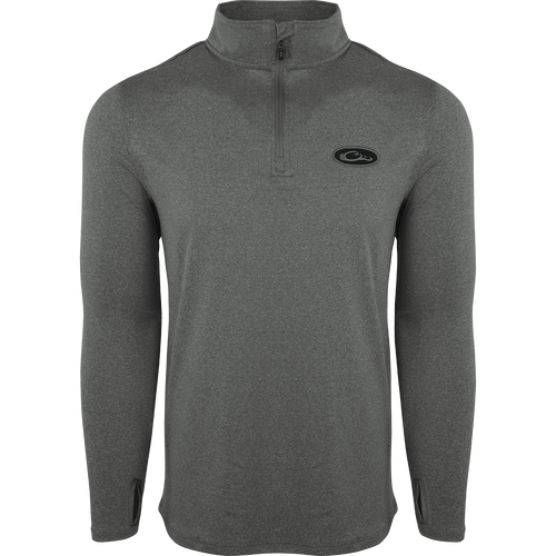 A grey long sleeved shirt with logo, featuring a close-up of a zipper and a person's arm. The Drake Microlite Performance ¼ Zip Heather offers moisture-wicking, quick-drying fabric with UPF sun protection and natural odor resistance.