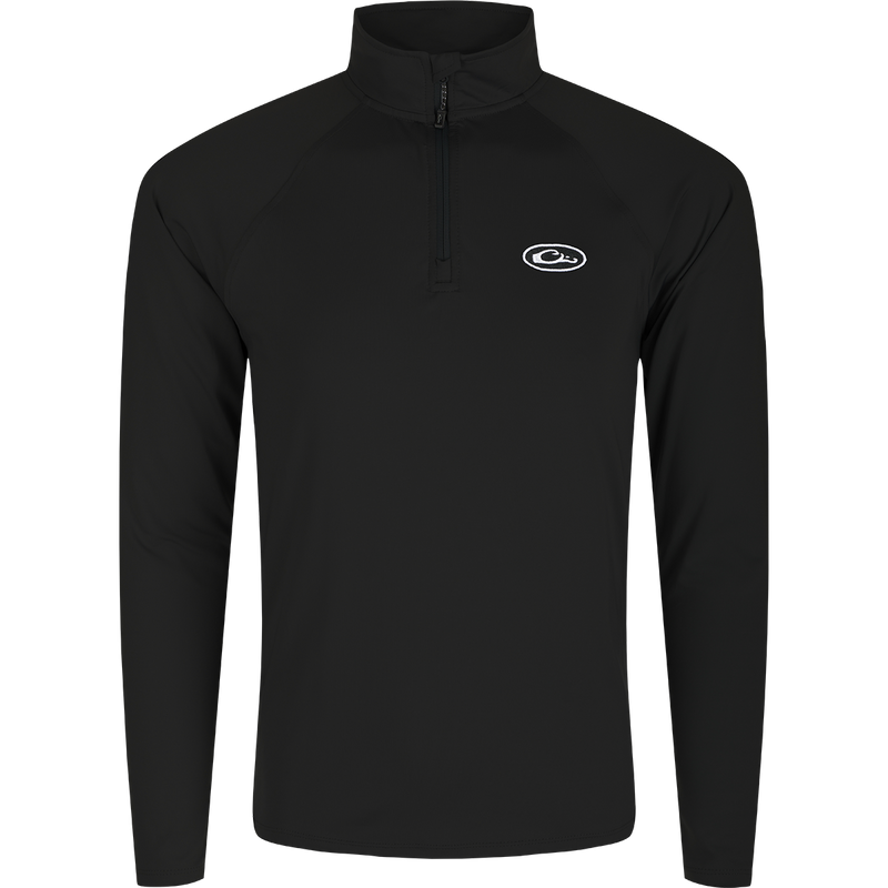 A black long-sleeved shirt with ¼ zip placket, raglan sleeves, and thumb loop. Moisture-wicking, quick-drying, and odor-resistant fabric with UPF sun protection. Perfect for outdoor activities.