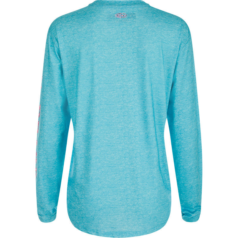 Women's Performance Crew Heather Shirt, a lightweight blue long sleeved top with a logo. Built-In Cooling, UPF 50, Moisture Wicking, Breathable Stretch, and Quick Drying features.