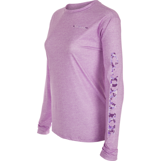 Women's Performance Crew Heather Shirt, a lightweight purple top with long sleeves. Features include Built-In Cooling, UPF 50, Moisture Wicking, Breathable Stretch, and Quick Drying. Perfect for outdoor activities.