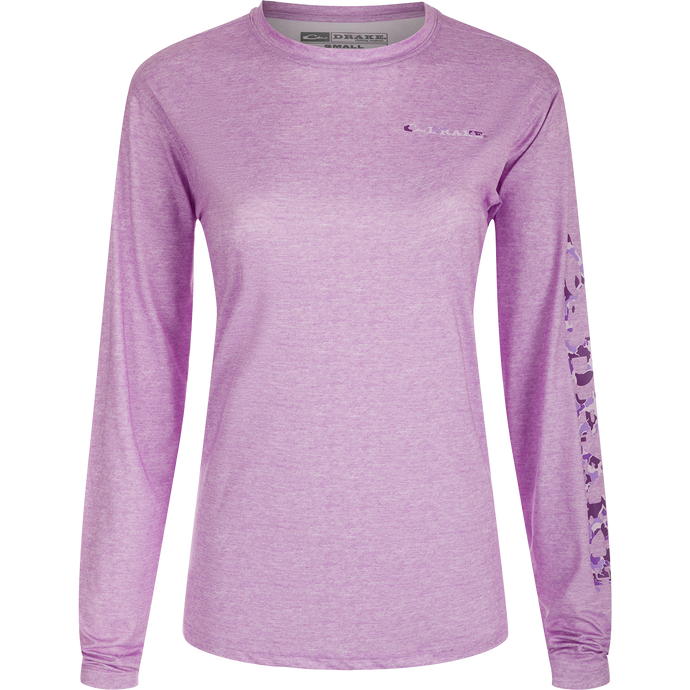 Women's Performance Crew Heather Shirt, a lightweight purple long-sleeved top from the Drake Performance Collection. Features include Built-In Cooling, UPF 50, Moisture Wicking, Breathable Stretch, and Quick Drying.