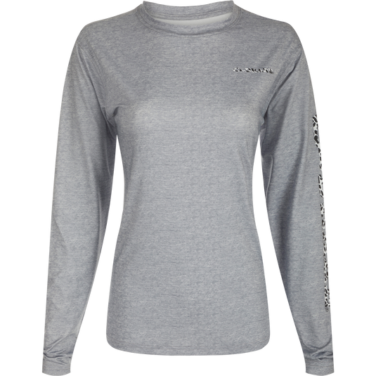 Women's Performance Crew Heather Shirt, a lightweight grey long-sleeved top with exceptional performance features like Built-In Cooling, UPF 50, Moisture Wicking, Breathable Stretch, and Quick Drying.