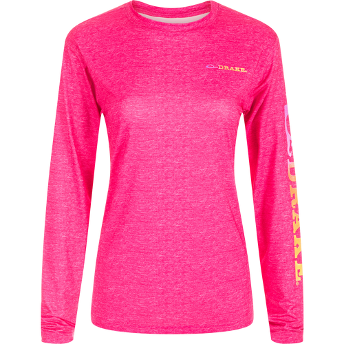 Women's Performance Crew Heather Shirt, a lightweight pink long sleeved top with fun sleeve prints. Features include Built-In Cooling, UPF 50, Moisture Wicking, Breathable Stretch, and Quick Drying. Perfect for outdoor activities.