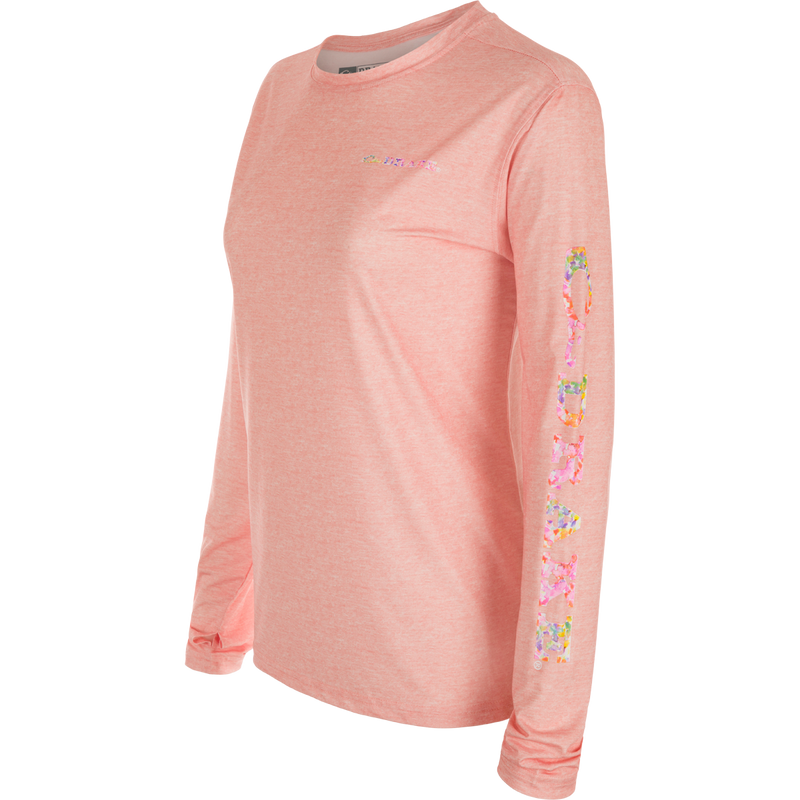 Women's Performance Crew Heather Shirt, a lightweight pink long sleeved shirt with a logo. Features include Built-In Cooling, UPF 50, Moisture Wicking, Breathable Stretch, and Quick Drying.