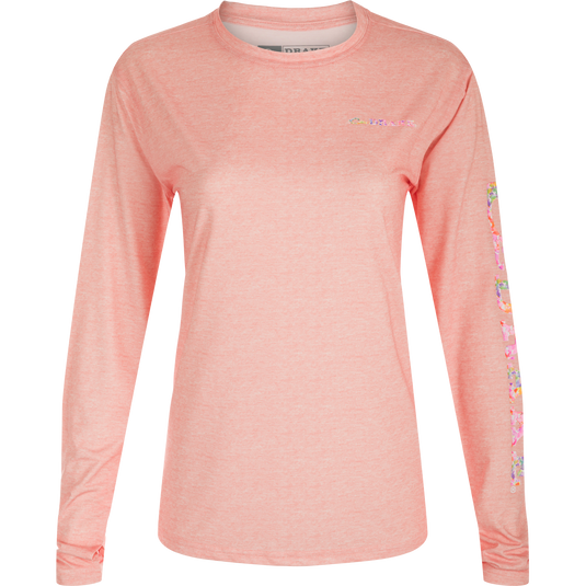 Women's Performance Crew Heather Shirt, a lightweight long-sleeved top with exceptional performance features. Built-In Cooling, UPF 50, Moisture Wicking, Breathable Stretch, and Quick Drying. Fun sleeve prints including exclusive Old School Camo pattern.