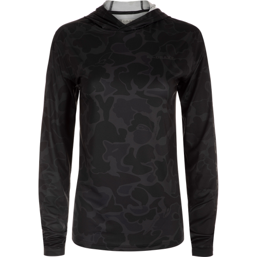 A lightweight Women's Performance Hoodie Print with a camouflage pattern, featuring Built-In Cooling, UPF 50, Moisture Wicking, Breathable Stretch, and Quick Drying. Perfect for outdoor activities.