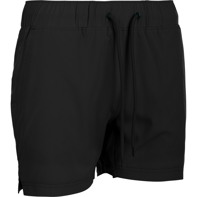 A versatile black shorts with drawstring and built-in liner, ideal for the gym or beach. Made with 88% polyester and 12% spandex for 4-way stretch. Quick-drying, moisture-wicking, and water-resistant. Features scalloped hem, front/back mesh pockets, and elastic waist with adjustable drawstring. From Drake Waterfowl's Women's Commando Lined Short 4.5