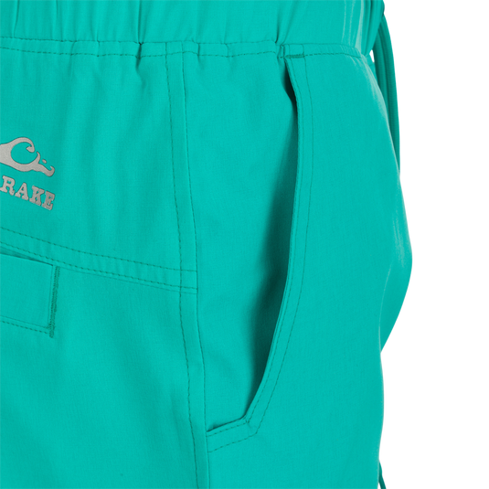A close-up of the Women's Commando Lined Short 4.5" pocket, made of 88% polyester and 12% spandex.