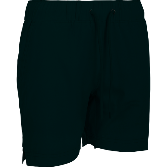 A versatile black shorts with a drawstring and built-in liner, perfect for the gym or beach. Features include 4-way stretch, quick-drying fabric, and moisture-wicking technology. Back and front pockets, scalloped hem, and a 7-inch inseam. From Drake Waterfowl.