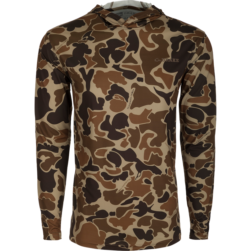 Youth Long Sleeve Performance Hoodie with camouflage pattern and logo detail. Lightweight, cooling fabric with UPF 50 sun protection. Moisture-wicking and quick-drying for active wear. Unconstructed 3-piece hood for sun protection.