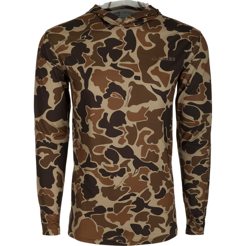 Youth Long Sleeve Performance Hoodie with camouflage pattern and logo detail. Lightweight, cooling fabric with UPF 50 sun protection. Moisture-wicking and quick-drying for active wear. Unconstructed 3-piece hood for sun protection.