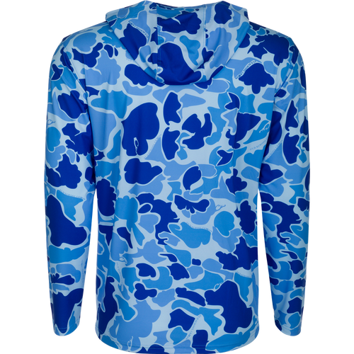 A lightweight Youth Long Sleeve Performance Hoodie with a blue and white camouflage pattern, featuring Built-In Cooling, UPF 50, Moisture Wicking, and Breathable Stretch.