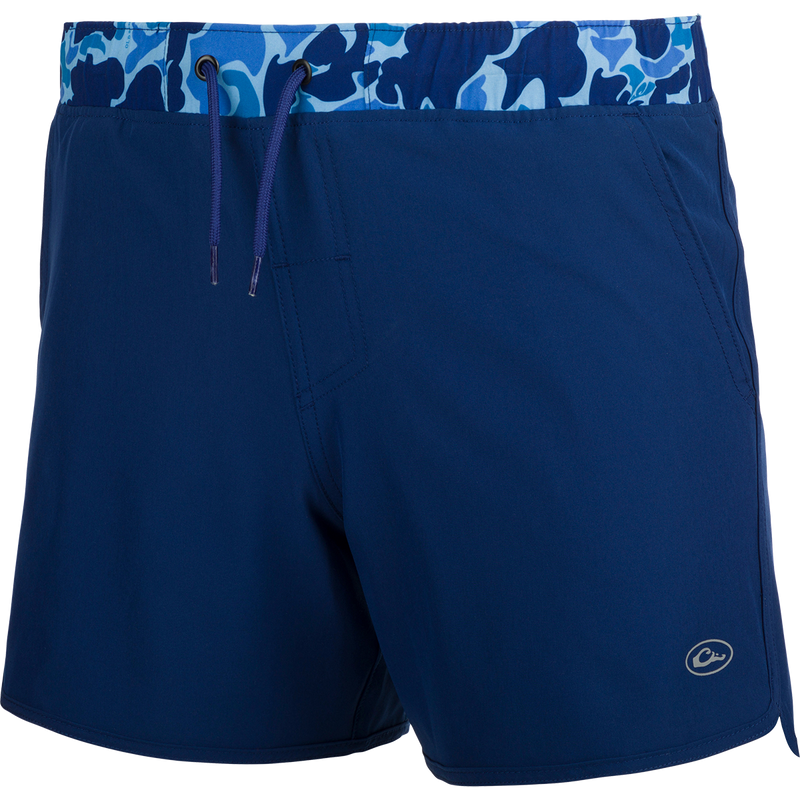 Youth Commando Lined Volley Short 5 - A versatile blue camo print short with scalloped hem, quick-drying fabric, and adjustable waistband.