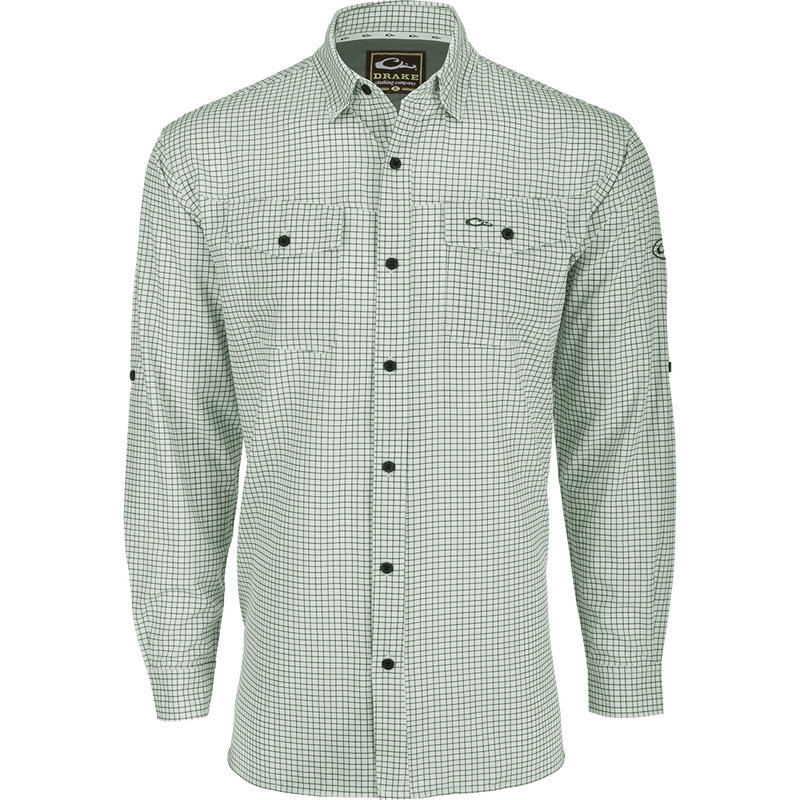 Traveler's Mini Grid Long Sleeve Shirt with Four Way Stretch and split tail hem for comfort and style. Ideal for the man on the go.