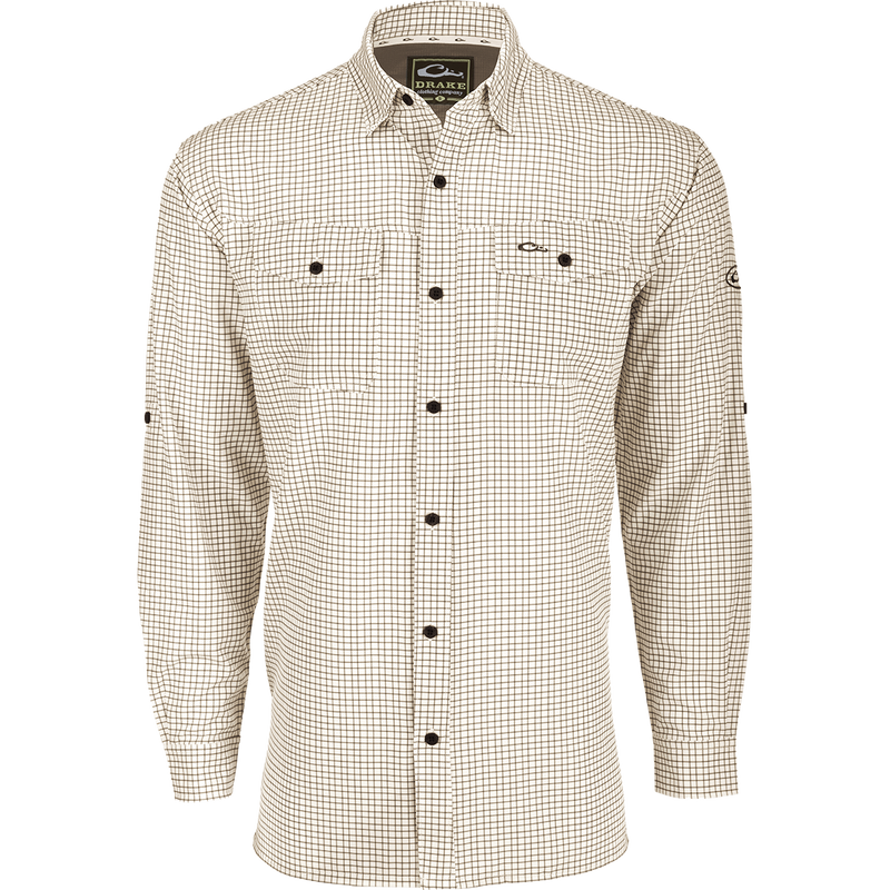 A lightweight, wrinkle-resistant Traveler's Mini Grid Long Sleeve Shirt with Four Way Stretch for freedom of movement and ultimate comfort. Perfect for the man on the go, whether on vacation or running errands.