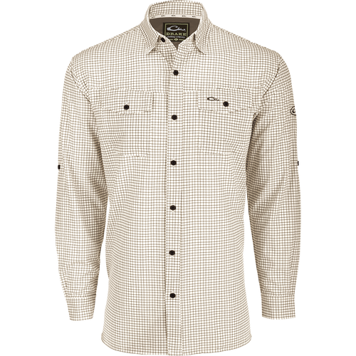 A lightweight, wrinkle-resistant Traveler's Mini Grid Long Sleeve Shirt with Four Way Stretch for freedom of movement and ultimate comfort. Perfect for the man on the go, whether on vacation or running errands.