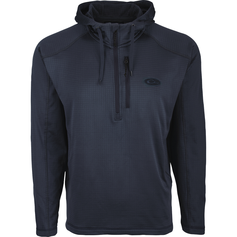 MST Breathelite Quarter Zip Hoodie: Ultralight insulation and moisture management in a stylish hoodie design. Four-way stretch polyester micro-fleece with soft hood for added warmth on cool days. Raglan sleeves for improved range of motion. Vertical zippered chest pocket.