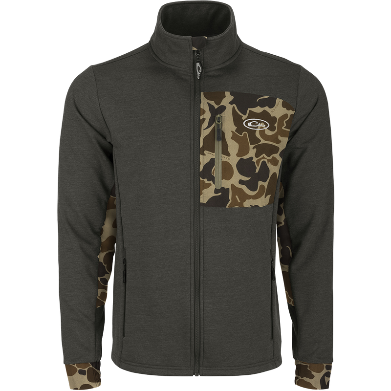 Hybrid Windproof Jacket: A functional, mid-weight jacket with a two-tone design. Features include a left chest pocket and zippered slash pockets. Perfect for cool fall days and nights.