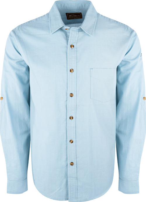A light blue NeverTuck Shirt L/S with an open collar style and left chest pocket, made of soft-washed 100% cotton fabric.